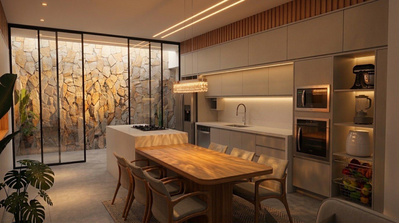 Cozinha gourmet integrada com mesa de madeira, ilha central e parede de pedra